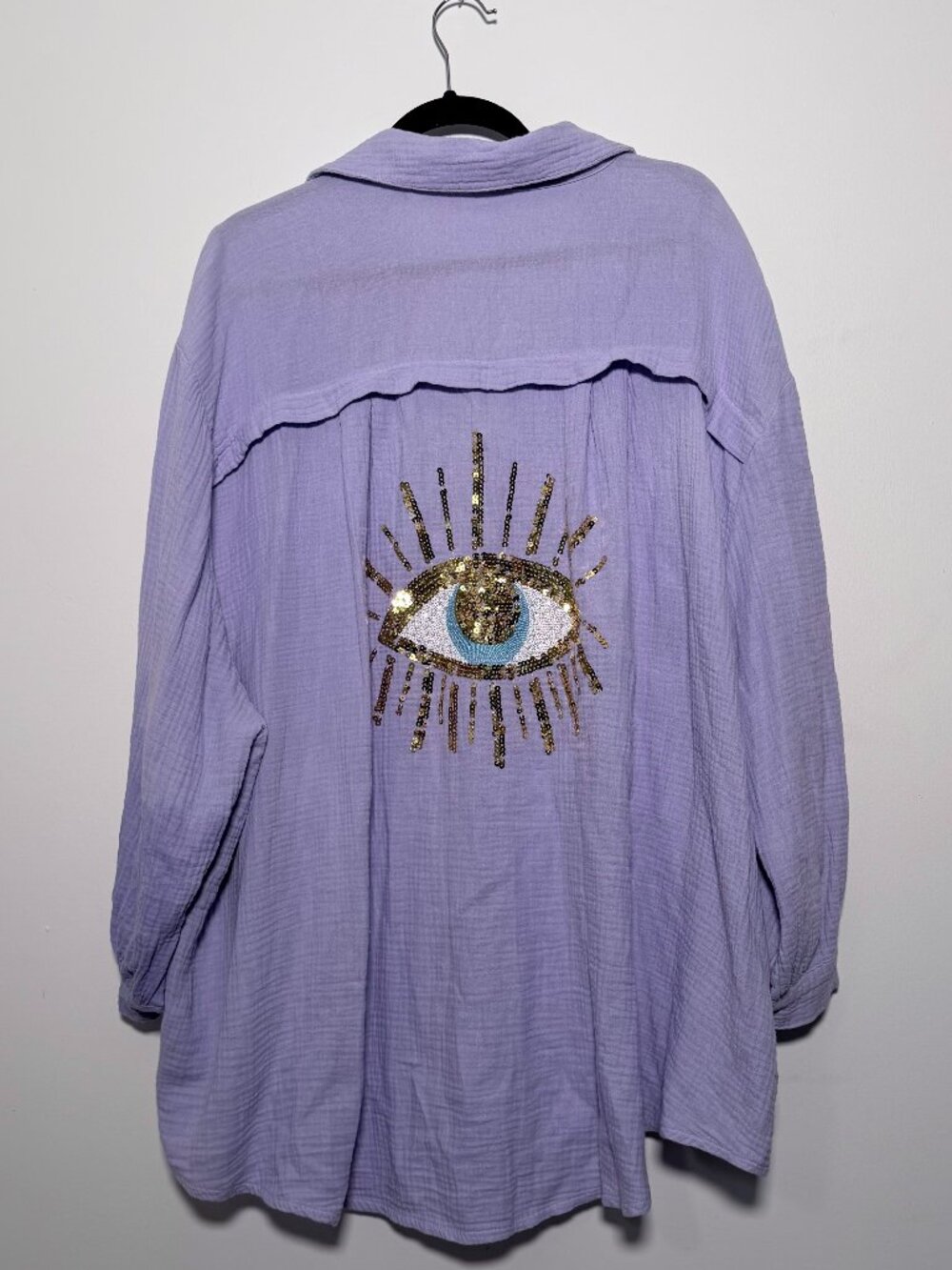 Italian Lilac Cotton Gauze Sequin Evil Eye Blouse - Size XL
